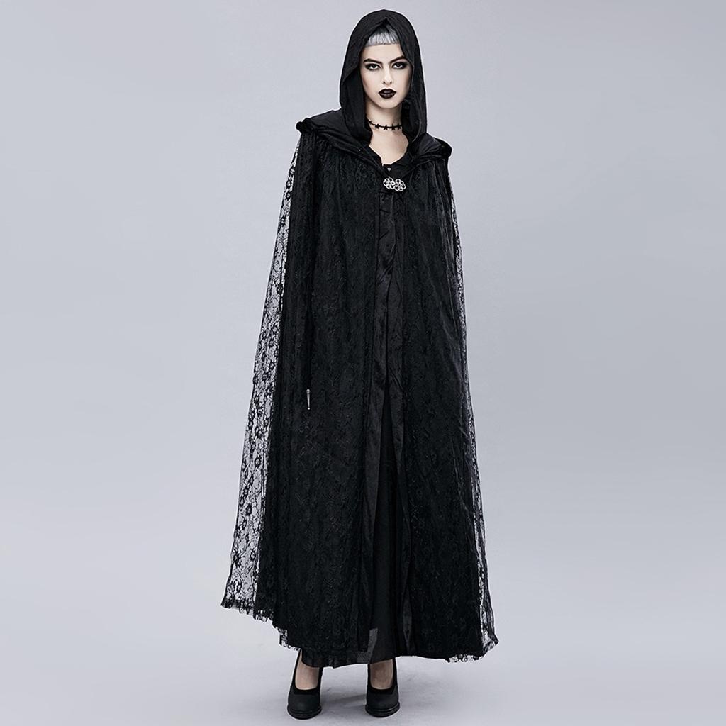 Gothic Vinatge Black Lace Witch Cape Cloak Hooded Fancy Dress Party Costume