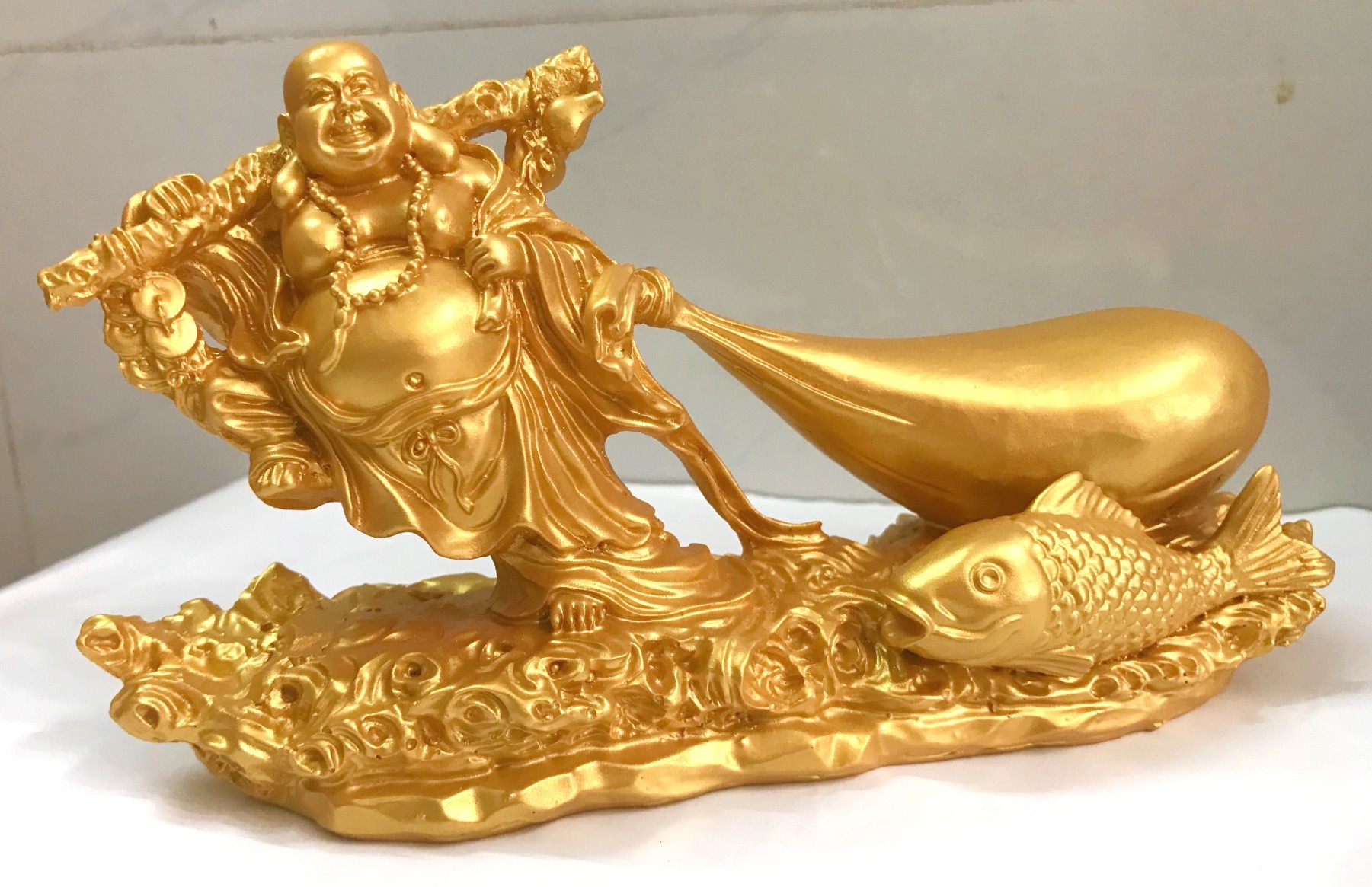 Tượng Phật Di Lặc Kéo Tiền Vàng Phong Thủy May Mắn Tài Lộc dài 21 cm