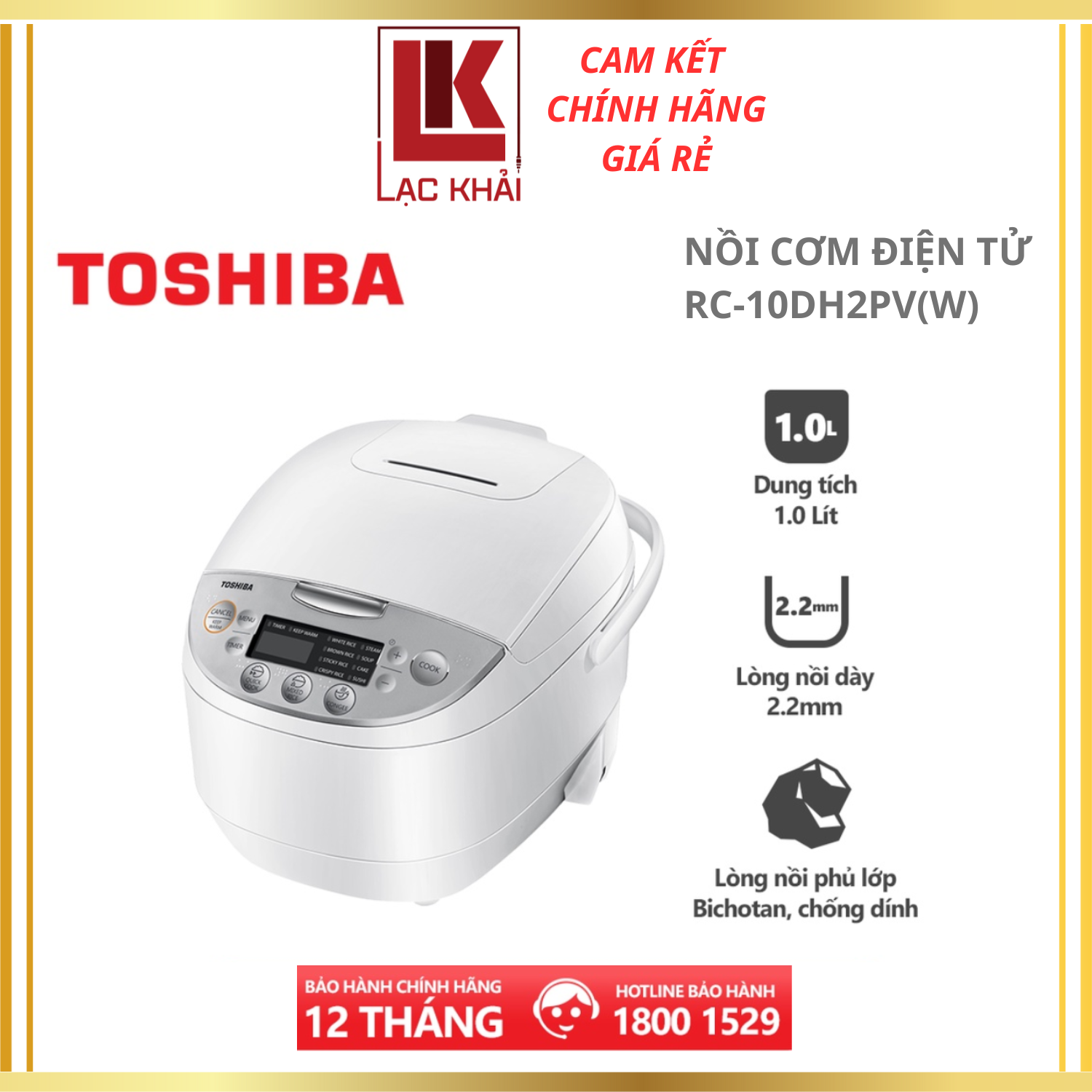 Nồi cơm điện tử Toshiba RC-10DH2PV(W) - 1.0L - Lòng nồi dày 2.2mm, chống dính - Hàng chính hãng, bảo hành 12 tháng