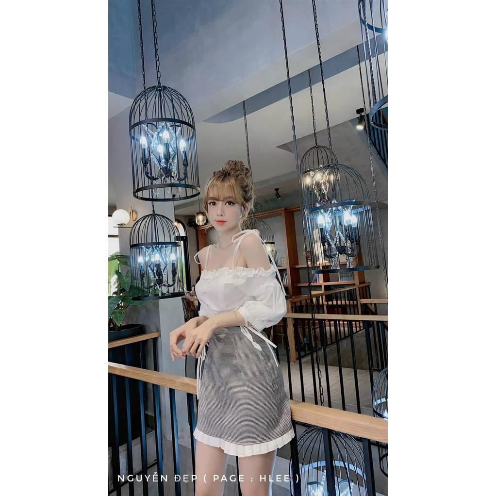 TSL-Set bộ đồ nữ áo trễ vai tay dài (có mút) kèm chân váy caro dáng xòe thời trang nữ dạo phố, dự tiệc