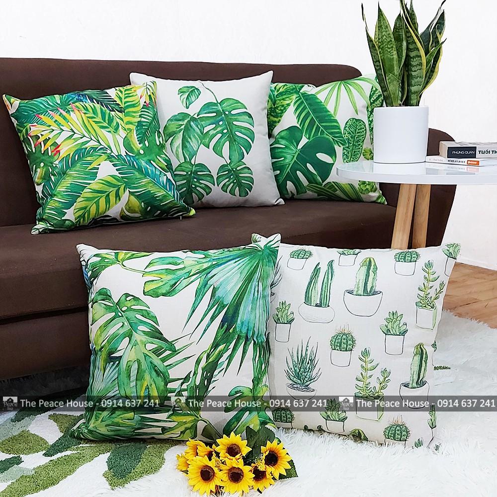 Vỏ gối vuông tựa lưng trang trí sofa 45x45cm hoạ tiết LÁ XANH