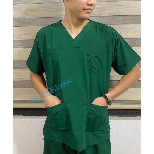 Bộ SCRUBS cổ tim phòng mổ, đồng phục phẫu thuật, Spa, phòng khám, màu XANH LÁ, vải LON mỏng và Thun co giãn cao cấp