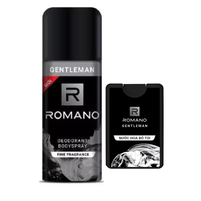 Combo Romano Gentleman: Xịt khử mùi toàn thân 150ml+Nước hoa bỏ túi 18ml