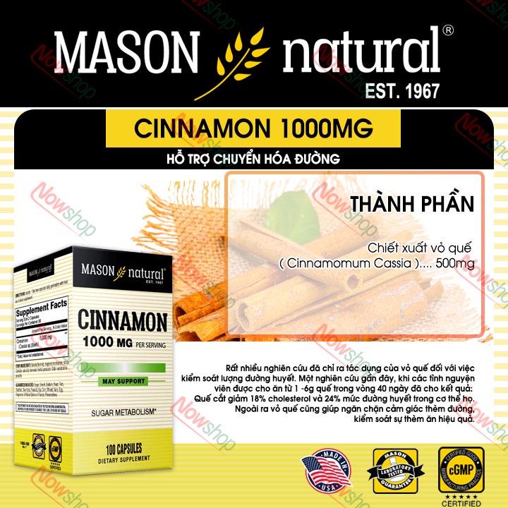 Viên uống hỗ trợ chuyển hóa và ổn định đường huyết Mason Natural Cinnamon 1000mg