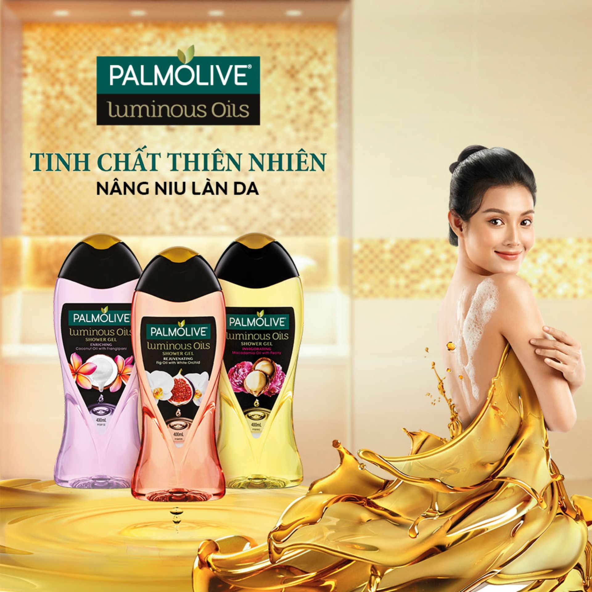 Bộ 2 sữa tắm dưỡng ẩm Palmolive Luminous tinh dầu thiên nhiên từ hạt Mắc ca và hoa mẫu đơn 400ml