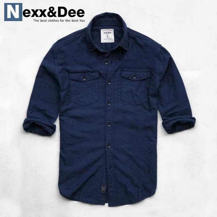 Áo sơ mi nam tay dài hai túi công sở màu trắng vải oxford denim cao cấp NS035