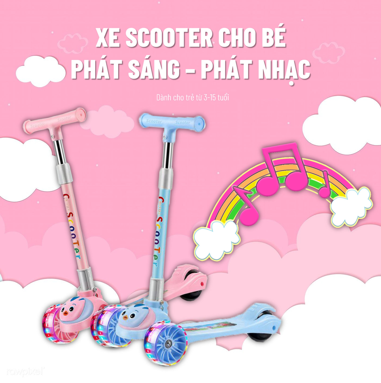 Xe Trượt Scooter Cho Bé, Xe Trượt Scooter Trẻ Em Có Đèn LED Phát Sáng, Phát Nhạc, Chất Liệu Nhựa PP An Toàn, Gọn Nhẹ