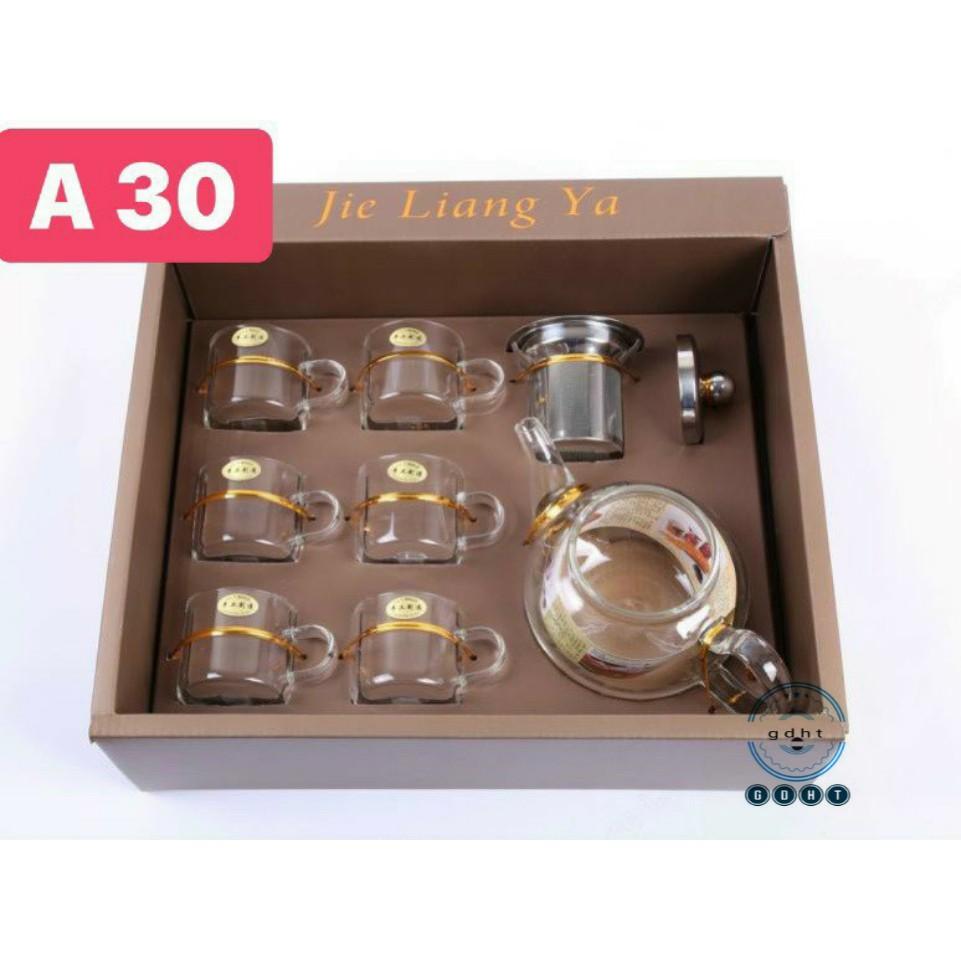 (SẴN) Set 1 bình trà 1 L + 6 cốc 100ml - Bình trà thủy tinh chịu nhiệt cao cấp hàng xuất Âu