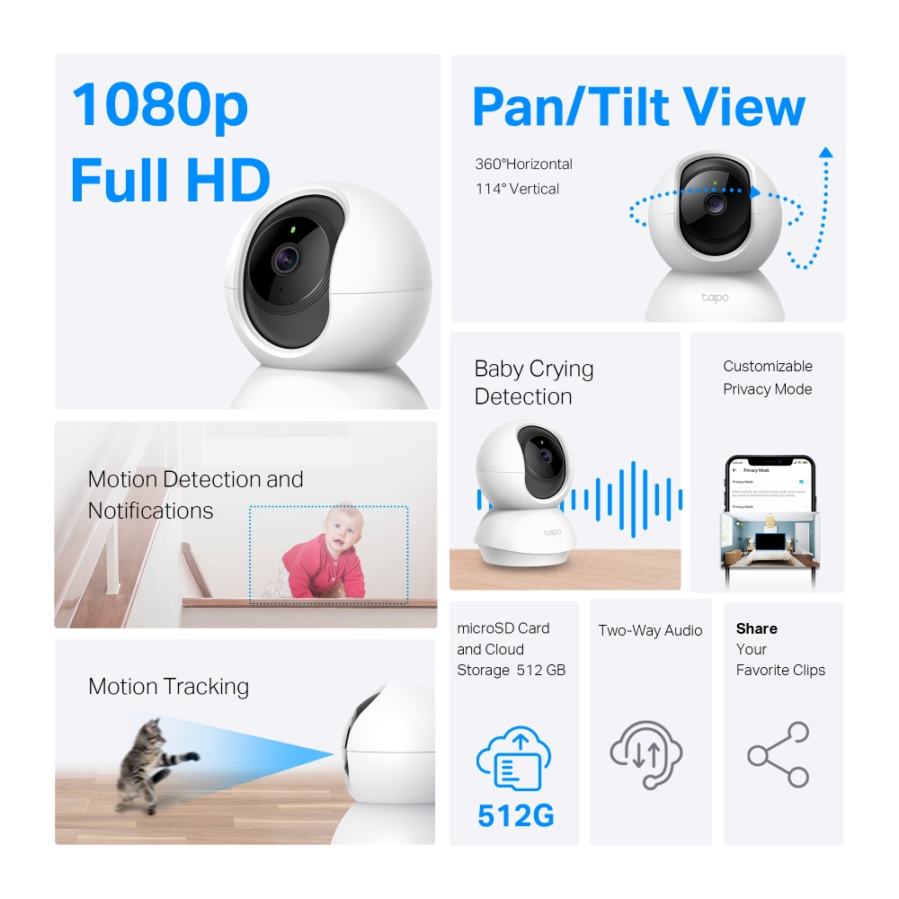 Camera WiFi TPLink Tapo C200 2.0MP Chuẩn 1080P Đèn hồng ngoại Âm thanh 2 chiều - Hàng chính hãng FPT phân phối