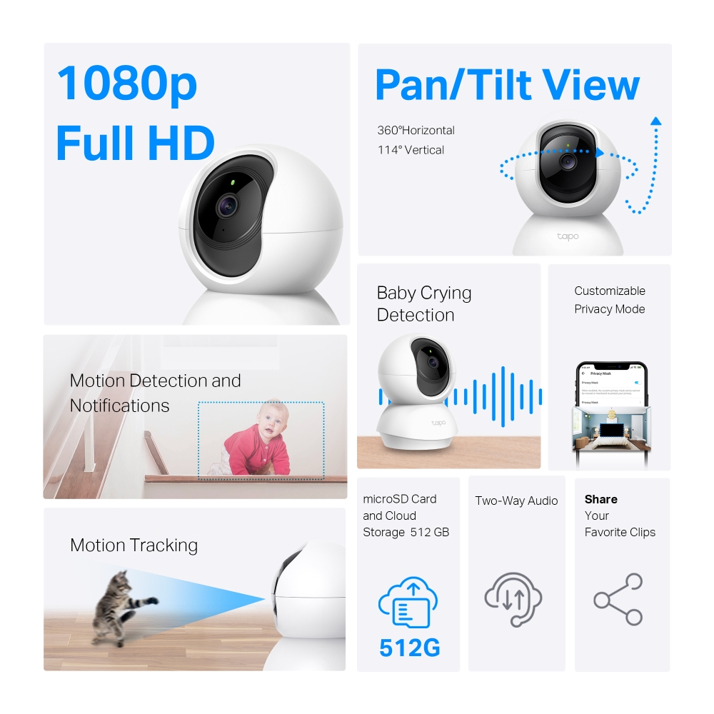 Camera WiFi TPLink Tapo C200 2.0MP [Chưa có thẻ nhớ] Chuẩn 1080P Đèn hồng ngoại Âm thanh 2 chiều - Hàng chính hãng FPT phân phối