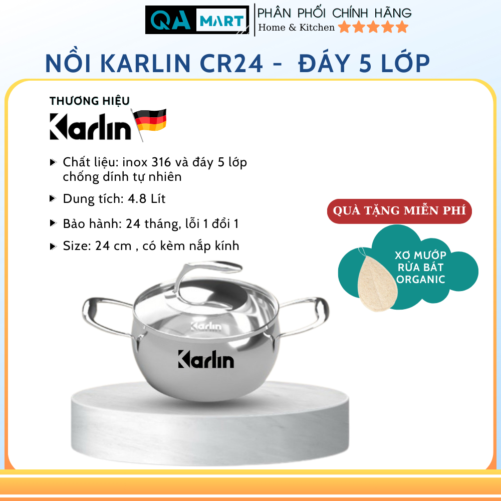 Bộ nồi karlin CR20_22_24 đáy dày 5 lớp tặng kèm xửng hấp cao cấp - Hàng chính hãng, bảo hành 24 tháng | QA Mart