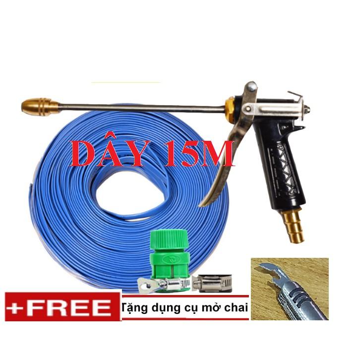 Bộ dây vòi xịt nước rửa xe, tưới cây . tăng áp 3 lần, loại 15m 206318 đầu đồng,đai,nối vàng+ tặng mở chai