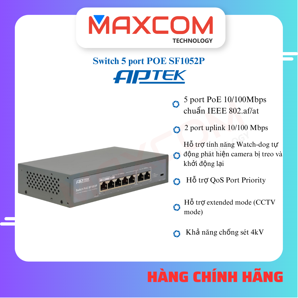 Switch APTEK SF1052P 5 port POE unmanaged - Hàng chính hãng