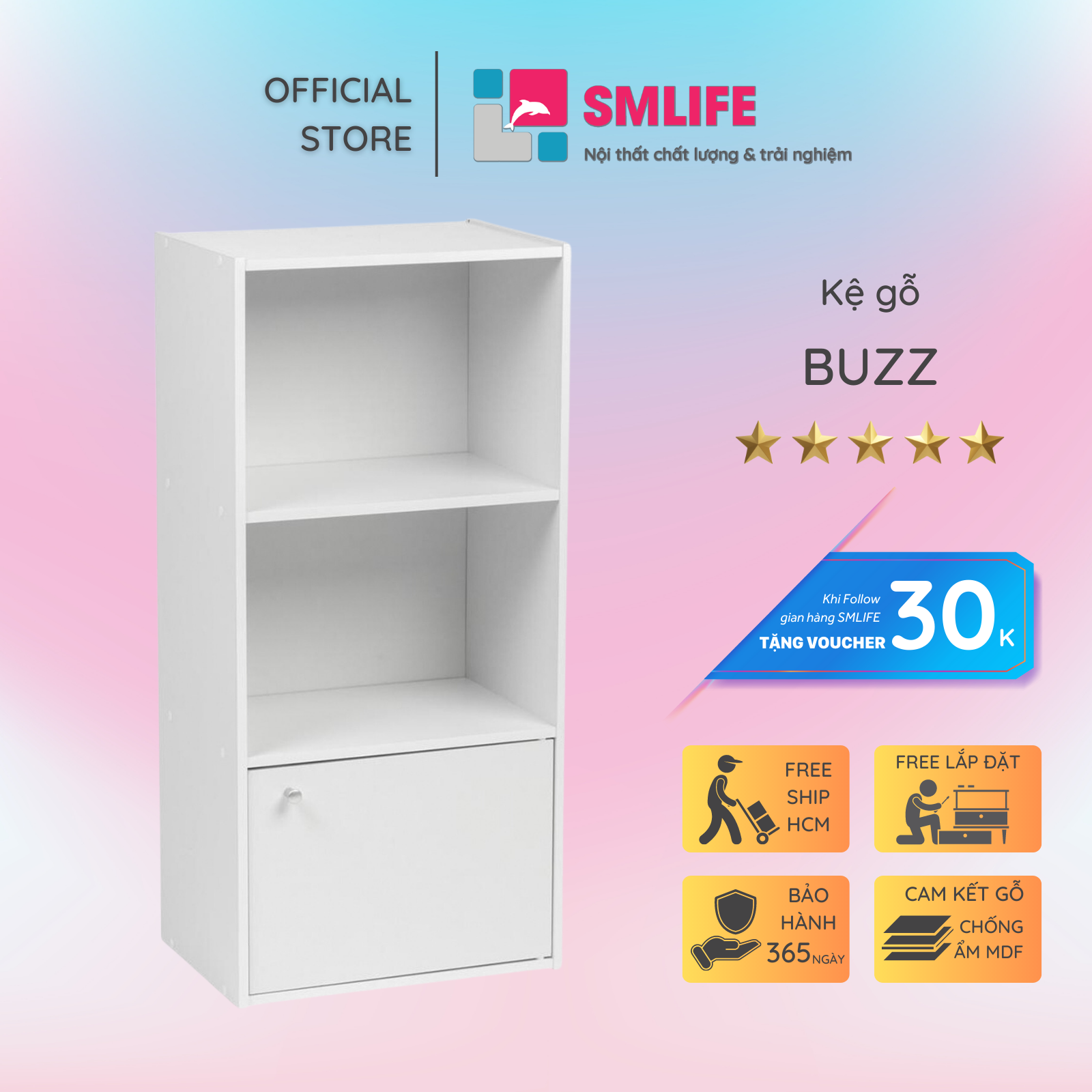 Kệ sách gỗ hiện đại SMLIFE Buzz | Gỗ MDF dày 17mm chống ẩm | D40xR30xC85cm