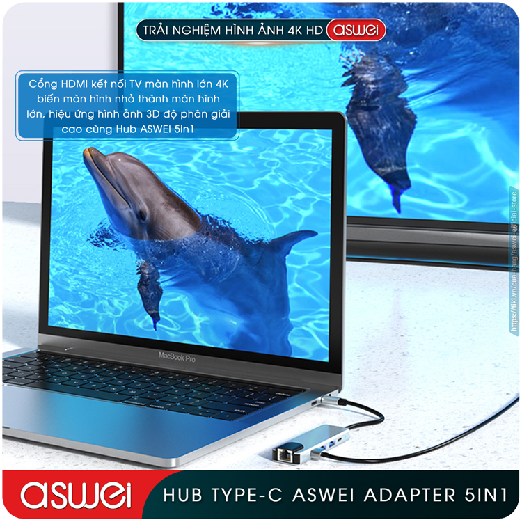Hub Type C ASWEI 5 in 1 To HDMI, USB 3.0, Lan RJ45, PD 100W - Hàng Chính Hãng