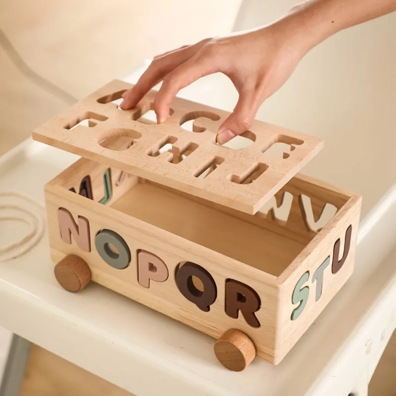 Bộ đồ chơi xe cũi thả chữ bằng silicone cho bé - đồ chơi gỗ phát triển trí tuệ