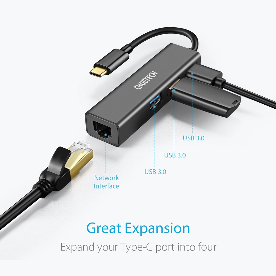 Hub Adapter chuyển đổi 4 in 1 Type-C ra 3 cổng USB 3.0 & cổng LAN RJ45 hiệu CHOETECH U02BK dùng cho Macbook / Laptop (tốc độ cao, kết nối nhiều thiết bị, kết nối internet có dây) - Hàng chính hãng