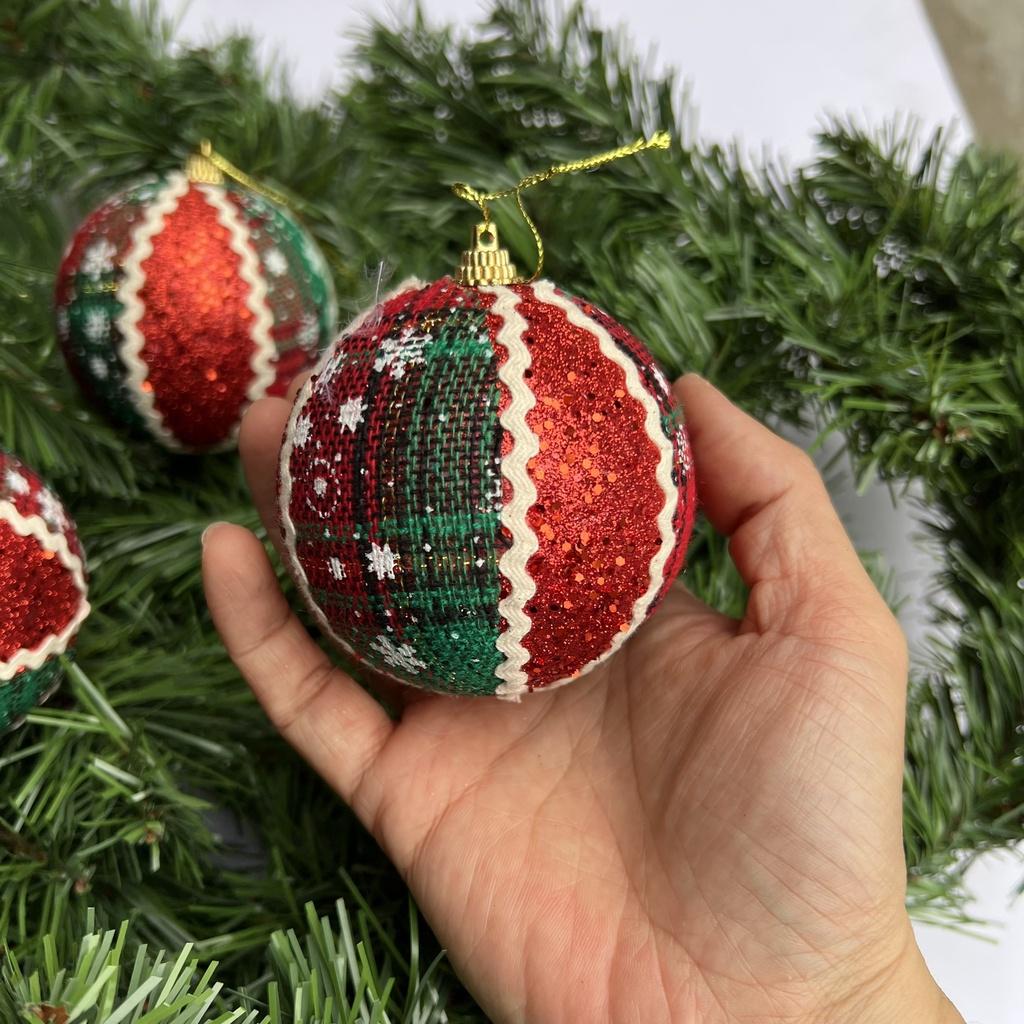 Combo 3 quả châu thổ cẩm cao cấp phủ nhũ treo cây thông Noel trang trí Giáng sinh đường kính 8cm