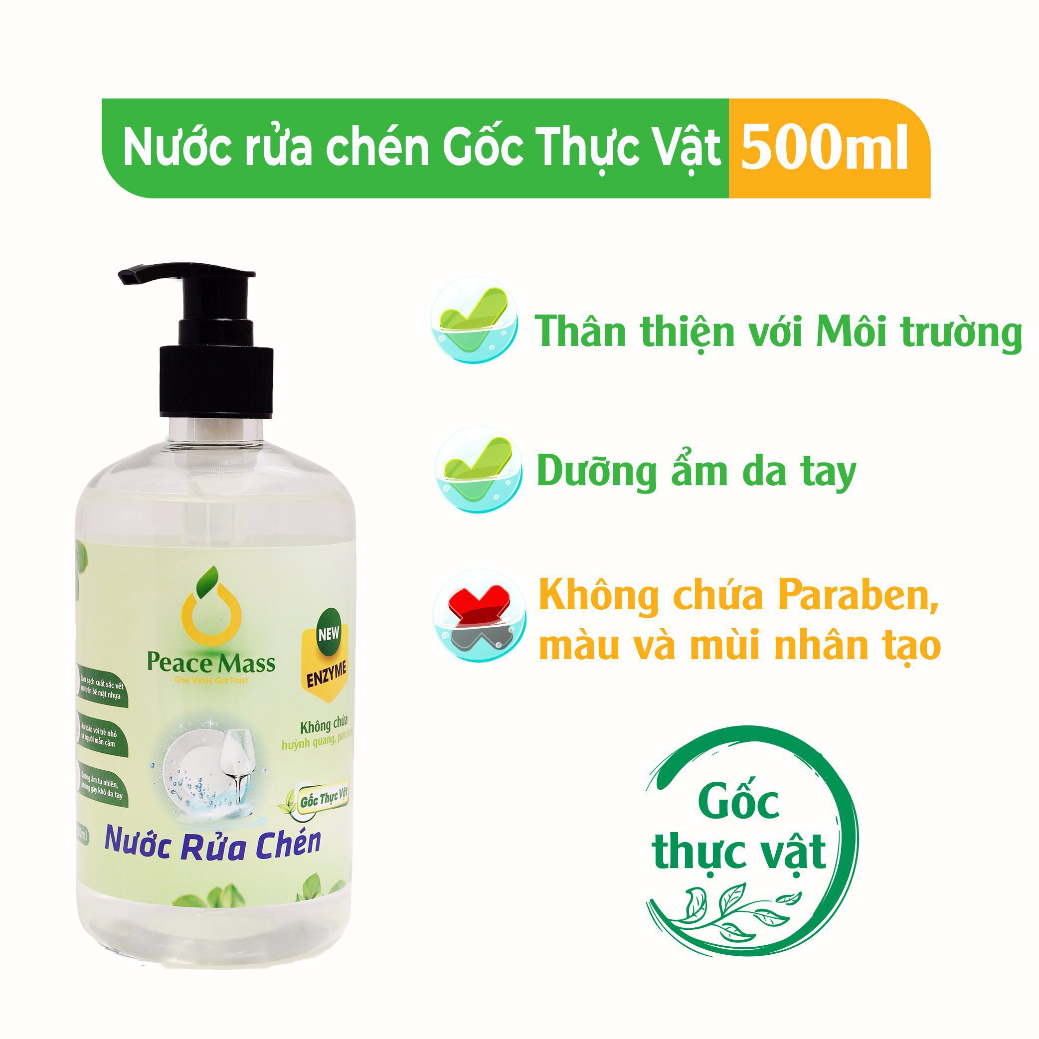 Nước Rửa Chén  Gốc Thực Vật Peace Mass 500ml Dùng Được Cho Máy Rửa Chén (Thuộc nhóm Sản phẩm Lành tính / Hữu cơ)