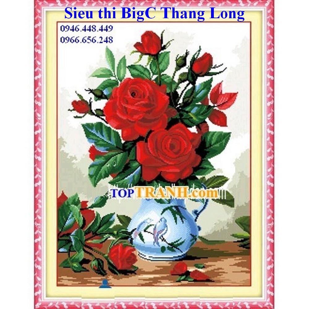 Tranh thêu chữ thập bình hoa hồng đỏ A622