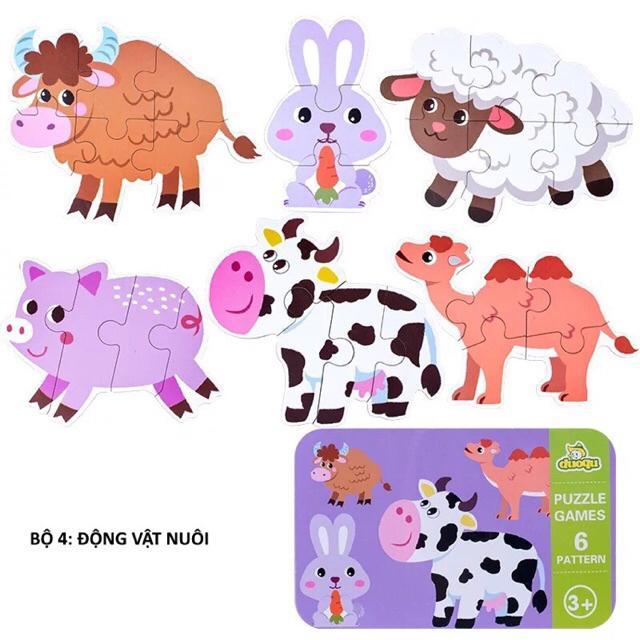 Đồ chơi xếp hình puzzle ghép hình 3-6 mảnh to hộp thiếc đẹp cho bé tập ghép