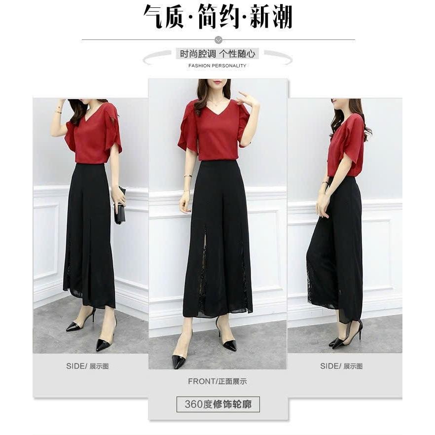 Set Bộ Áo Kiểu Quần Ống Rộng Phối Ren - Set Bộ Hàng Thiết Kế Cao Cấp