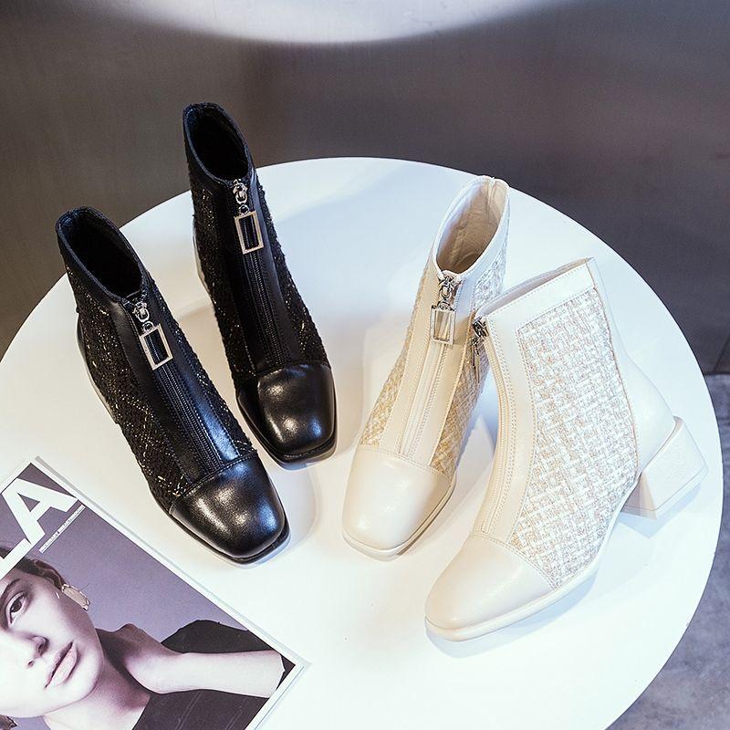 Giày bốt martin mỏng đế dày phối khóa kéo trước phong cách Anh Quốc mới mùa thu 2021 cho nữ