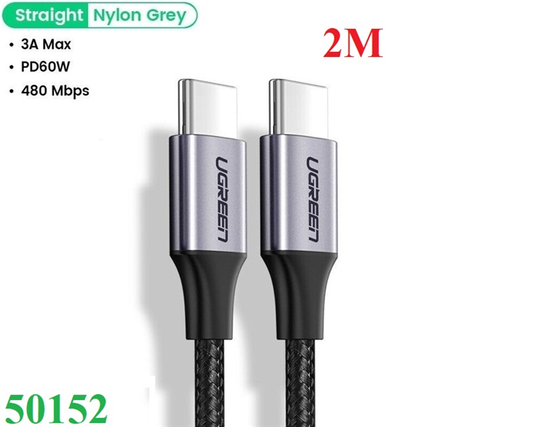 Cáp sạc nhanh 60W USB Type-C to Type-C dài 2M bọc nylon Ugreen 50152 cao cấp (dữ liệu) hàng chính hãng