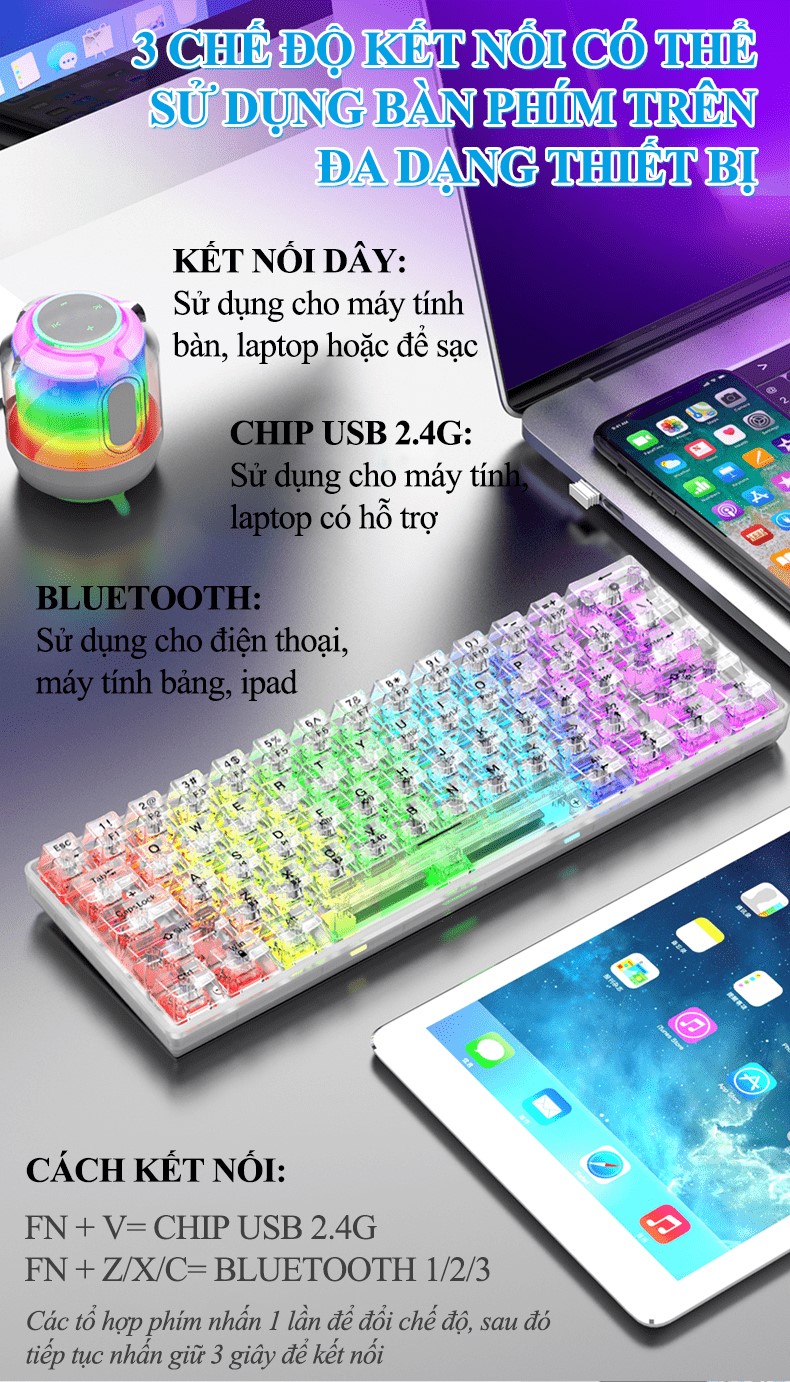 Bàn phím cơ không dây chuyên game XUNFOX K30PRO thiết kế trong suốt mới lạ kết nối 3 chế độ với 20 chế độ đèn led RGB