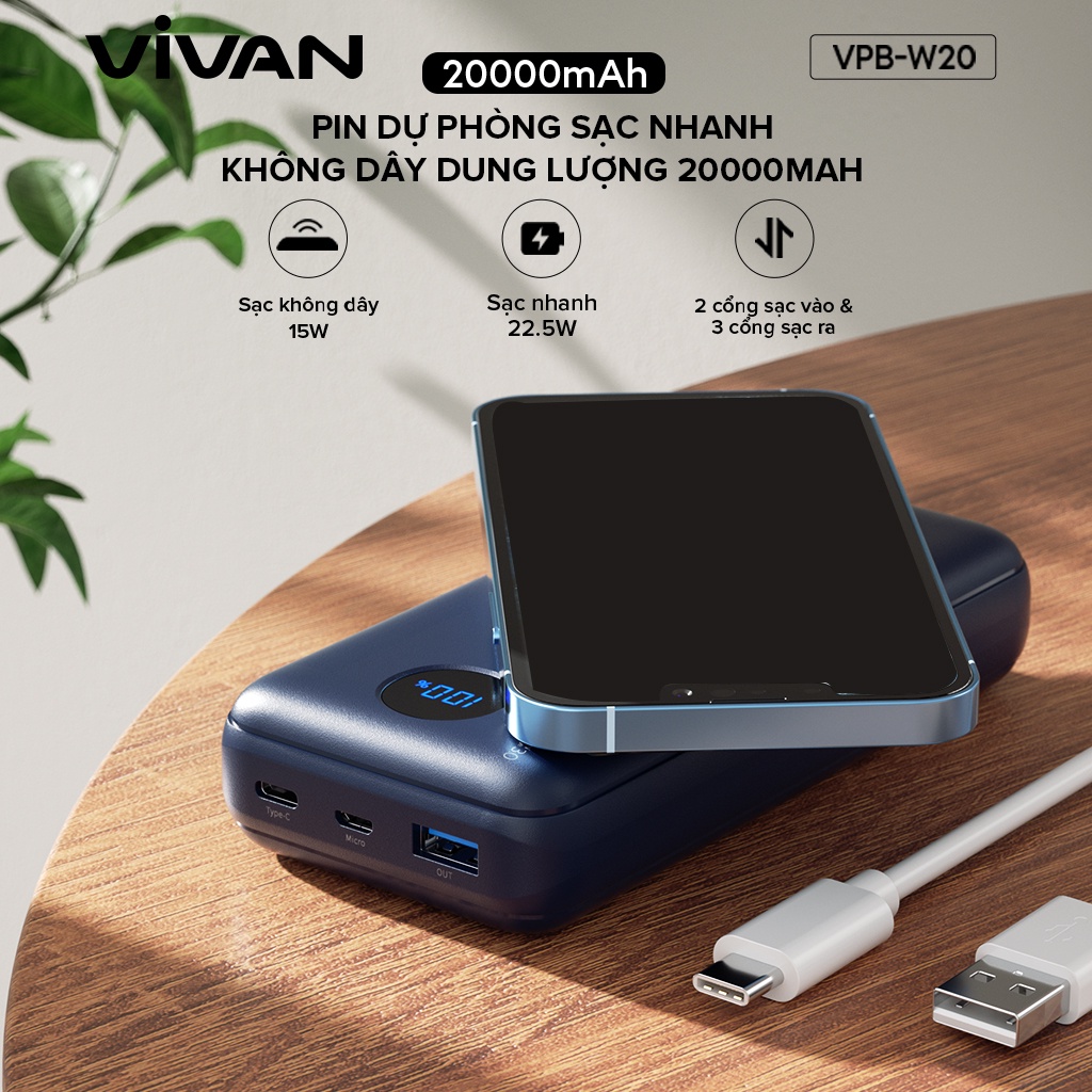 Pin Dự Phòng Sạc Không Dây VIVAN VPB-W20 20.000mAh Hỗ trợ Sạc Nhanh 22. Chuẩn QC 3.0 PD - Hàng Chính Hãng