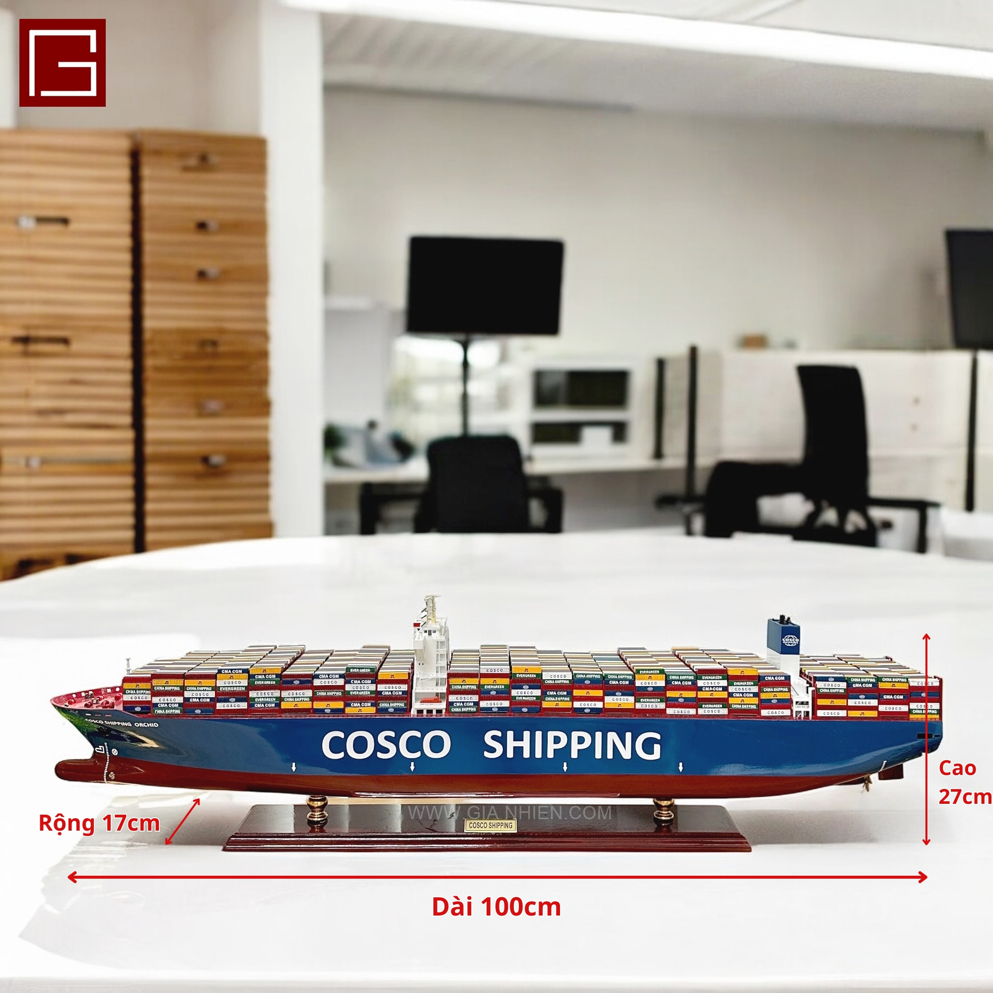 Mô Hình Thuyền Gỗ Phong Thủy Gia Nhiên, Thuyền Container Gỗ COSCO, Dài 100cm, Cao Cấp Loại 1