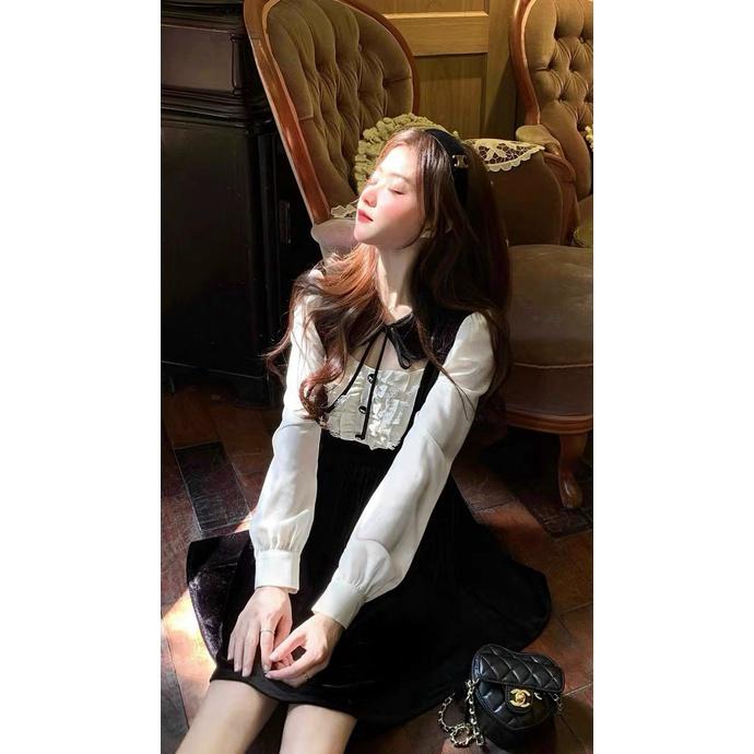 Đầm đen phối tay trắng cố sen thắt nơ vintage công sở công chúa tiểu thư dịu dàng dự tiệc