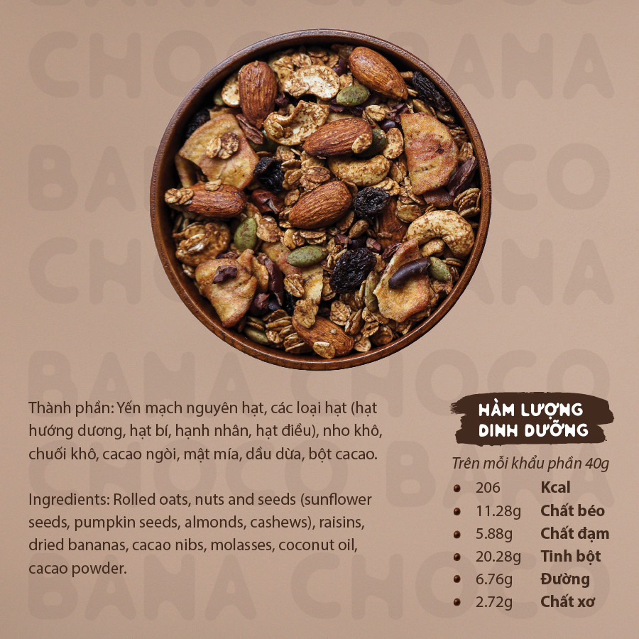 Ngũ Cốc Yến Mạch Nguyên Hạt Vị Cacao 400G Không Đường Tinh Luyện - CHOCO BANA GRANOLA HAPPI OHA - Ăn Kiêng/Ăn Sáng (Có Quả Khô)