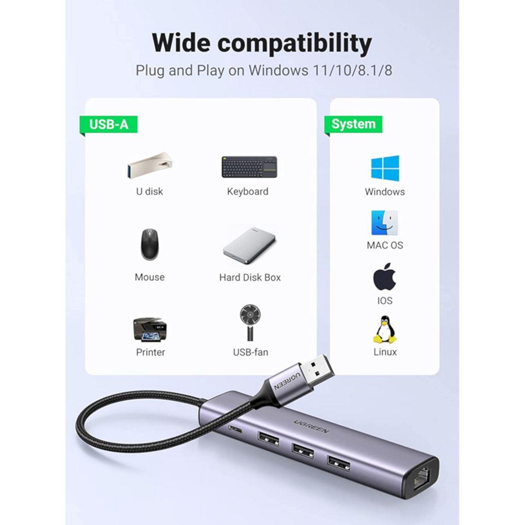 Ugreen UG60554CM475TK 3*USB 3.0 + RJ45 Gigiatbit 20CM Màu Xám Bộ chuyển USB 3.0 5 in 1 sang 3 cổng USB + RJ45 Giagabit + sạc 5v USB-C - HÀNG CHÍNH HÃNG