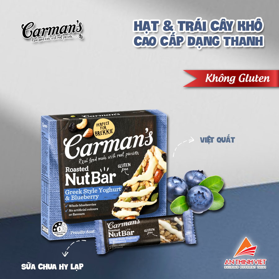 Thanh Hạt Carman's Nut Bar Greek Style Yoghurt, Blueberry - Sữa Chua Hy Lạp, Việt Quất - 160g