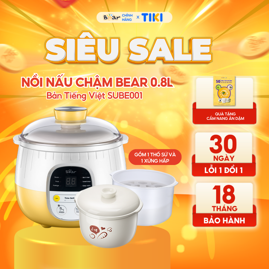 Nồi Nấu Chậm 0,8L Bear Nấu Cháo Hầm Xương Hấp Tiết Kiệm Điện Giữ Trọn Dinh Dưỡng SB-SUBE001 - Hàng Chính Hãng