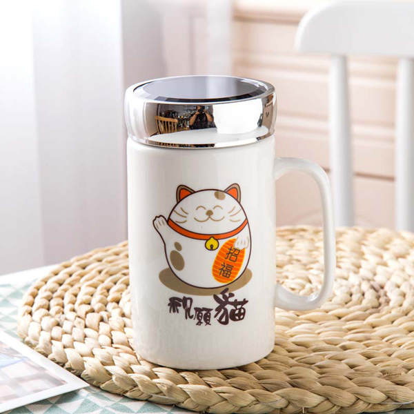 Ly sứ giữ nhiệt mèo thần tài Nắp tráng gương