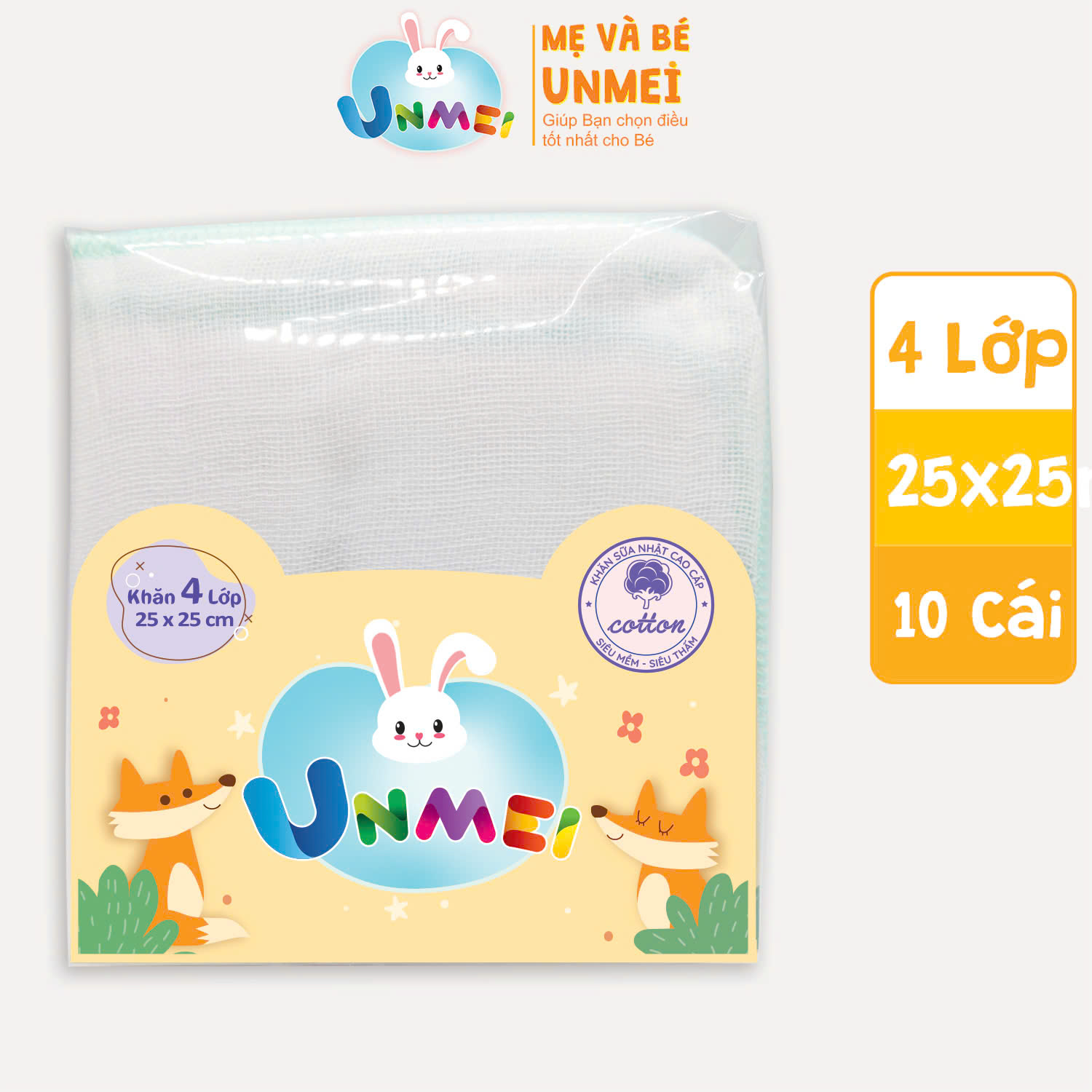 Bịch 10 Cái Khăn Sữa Unmei Xuất Nhật 100% Cotton, Dày 4 Lớp Dành Cho Bé Từ Sơ Sinh (Kích Thước 25x25cm)