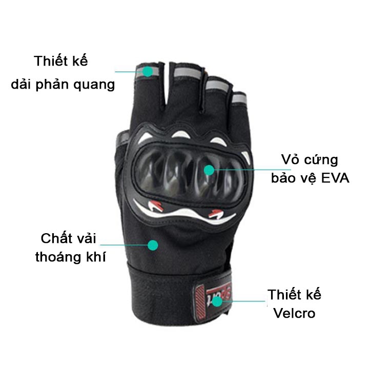 Găng tay cắt ngón thể thao nam có miếng đệm bảo vệ, phù hợp chạy xe máy, xe đạp thể thao