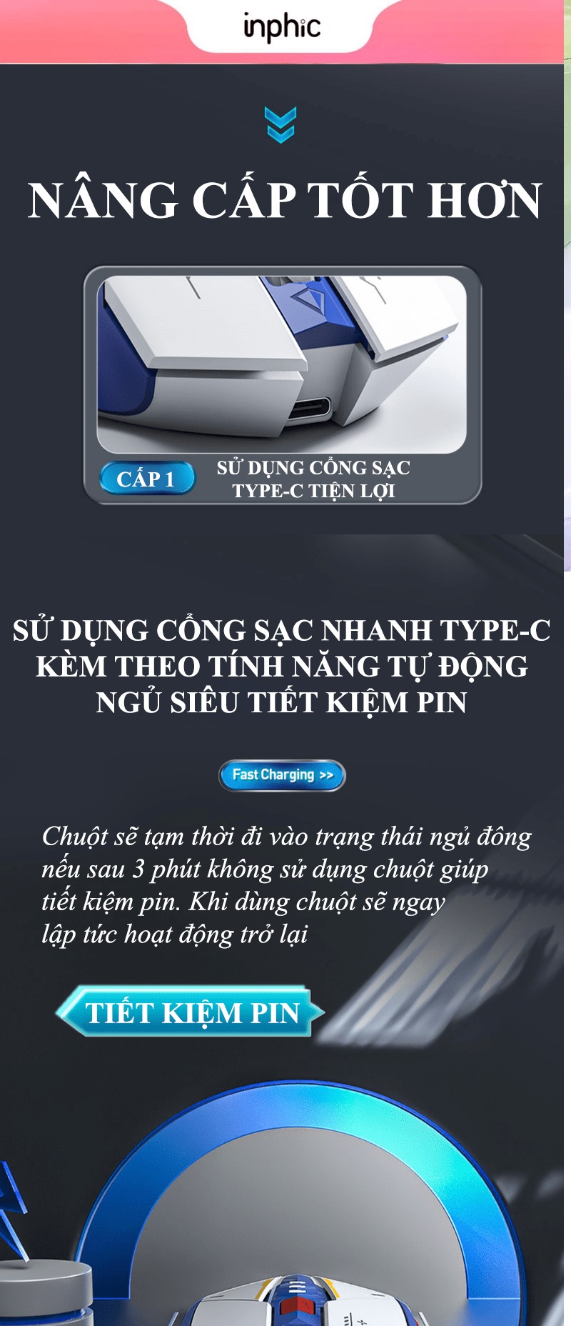 Chuột không dây INPHIC M6P ROBOT kết nối bằng chip USB 2.4GHz thiết kế cực ngầu có đèn led báo hiệu dung lượng pin - HN- HÀNG CHÍNH HÃNG