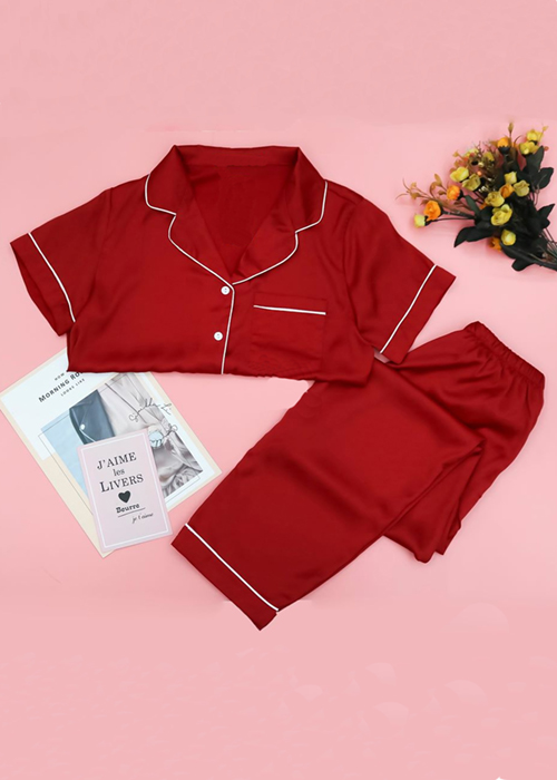 Bộ pijama lụa trơn mặc nhà áo cộc quần dài cao cấp PJ26