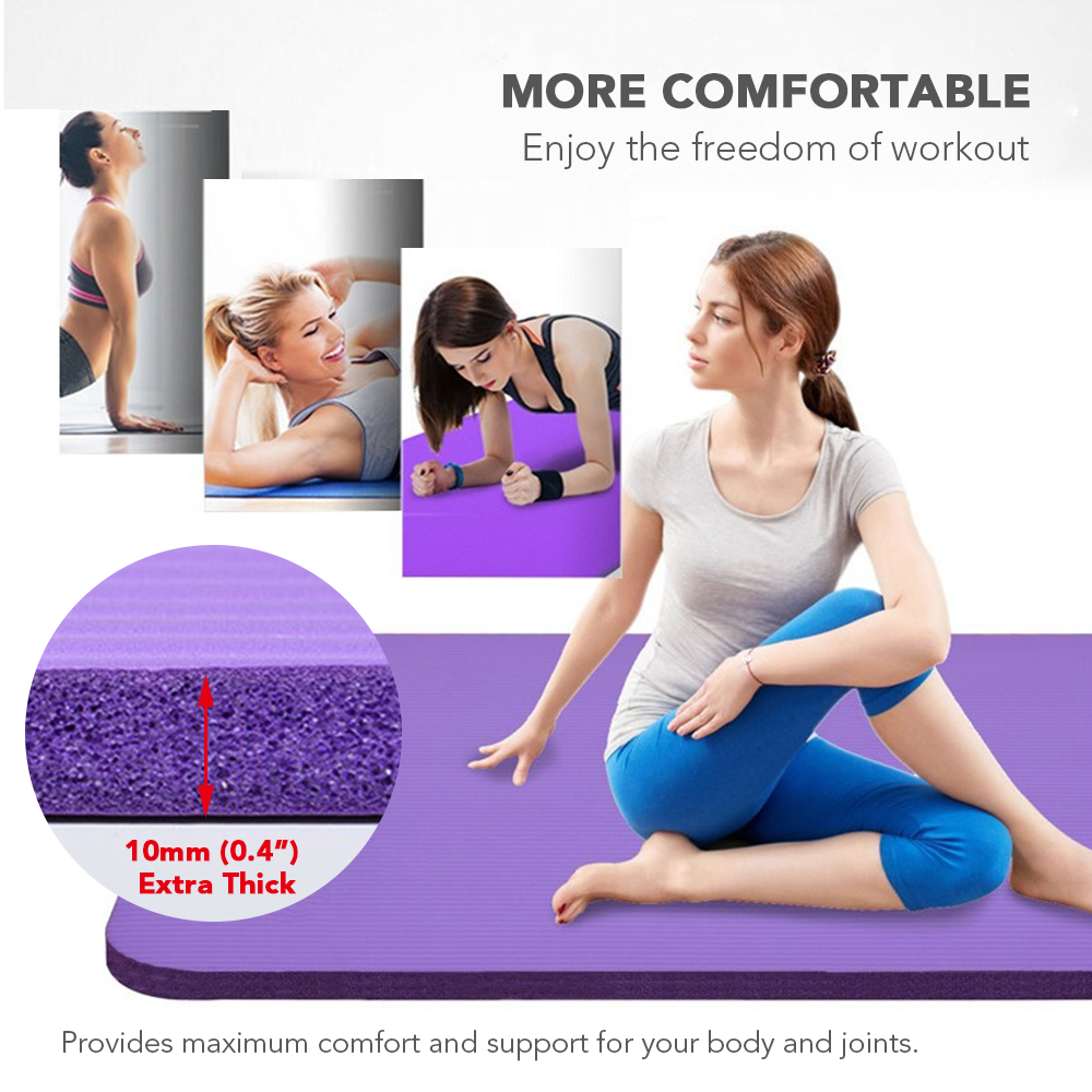 Thảm tập Yoga dày 10mm bằng bọt NBR chất lượng cao, nhẹ và bền không trơn trượt với dây đeo và túi lưới