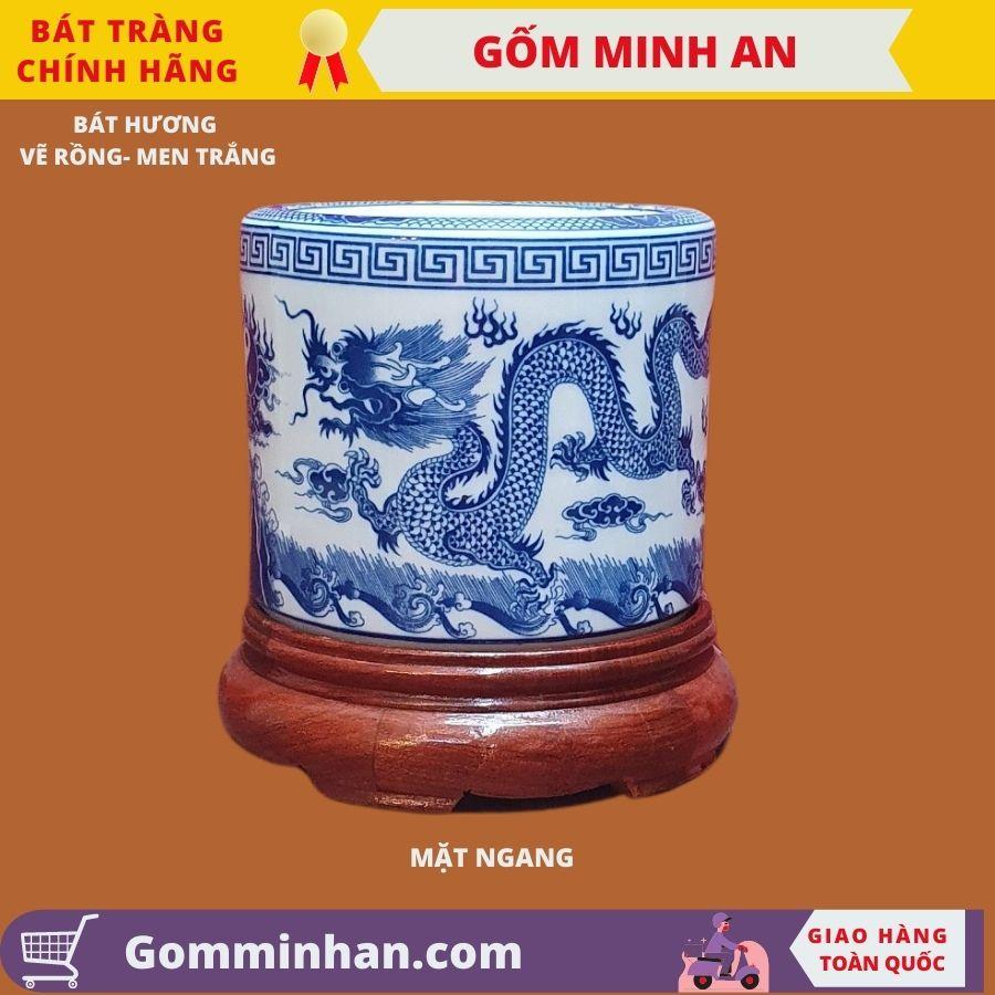 Bát Hương Thờ Vẽ Tay Song Long Chầu Nguyệt Men Trắng Cao Cấp- Gốm Sứ Bát Tràng- Gốm Minh An