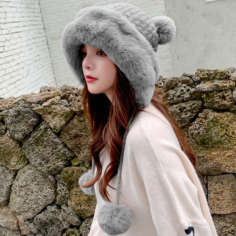 HT3374 Thu Đông Nón Nữ Mềm Mại Trang Lông Thú Nga Nón Nữ Dễ Thương Pompoms Tuyết Trượt Tuyết Bẫy Bắt Earflap Bộ Đội Nữ Dệt Kim nón Lưỡi Trai