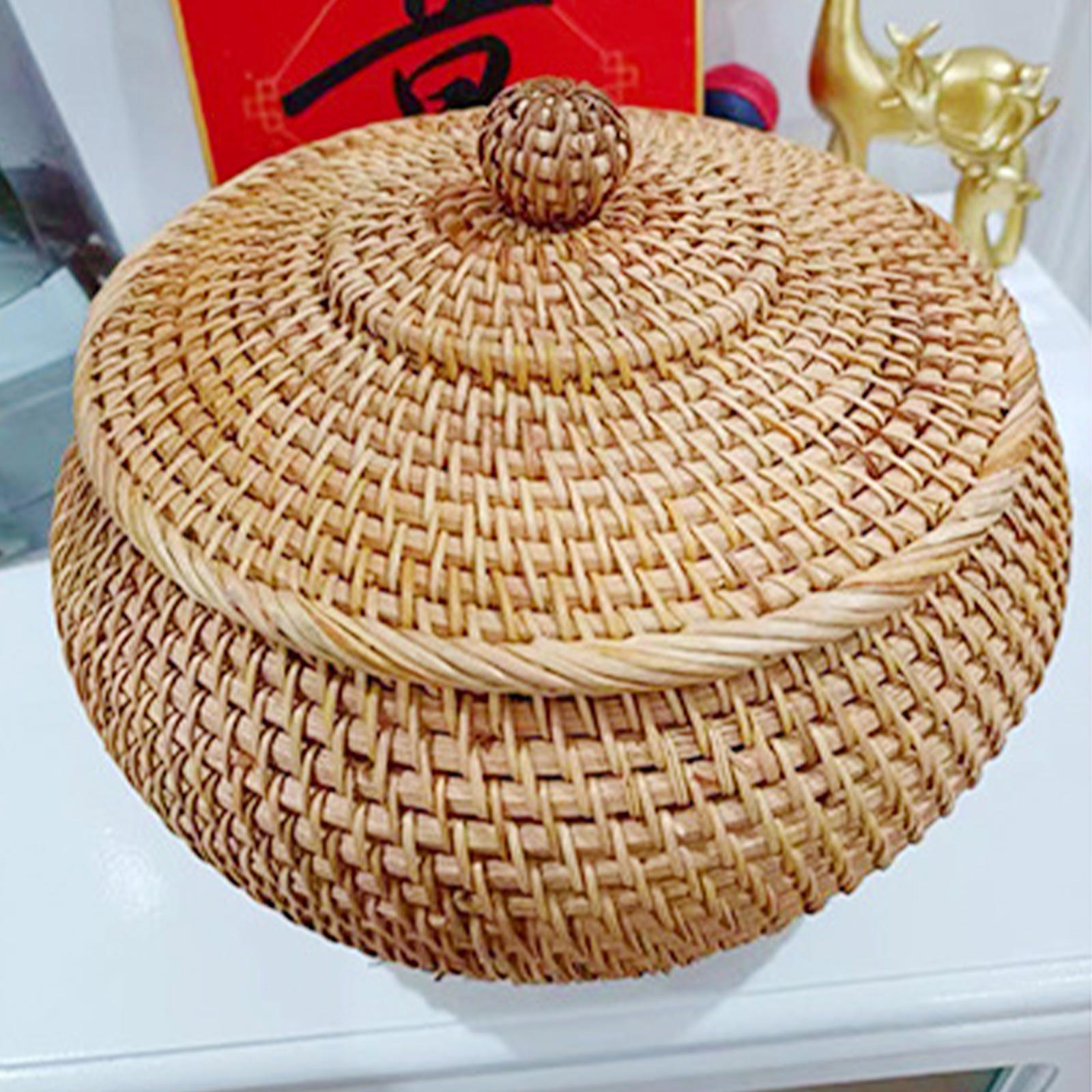 Rattan Box Storage Tray Woven Basket with Lid Bins for  Picnics