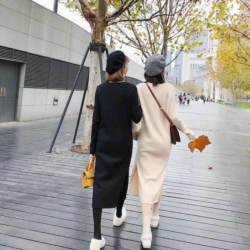 Váy suông nữ, đầm suông dài tay cổ tim xẻ tà chất len gân 2 màu