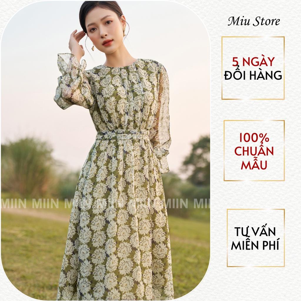 D00582 - Đầm thiết kế cao cấp voan tơ green chiffon cổ tròn