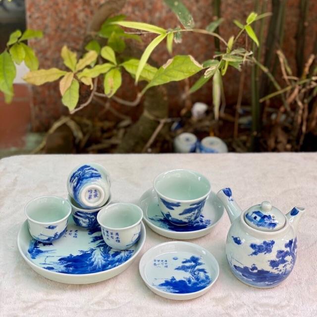 Bộ Ấm Chén Men Lam Dáng Quả Hồng Tay Quai Ngang
