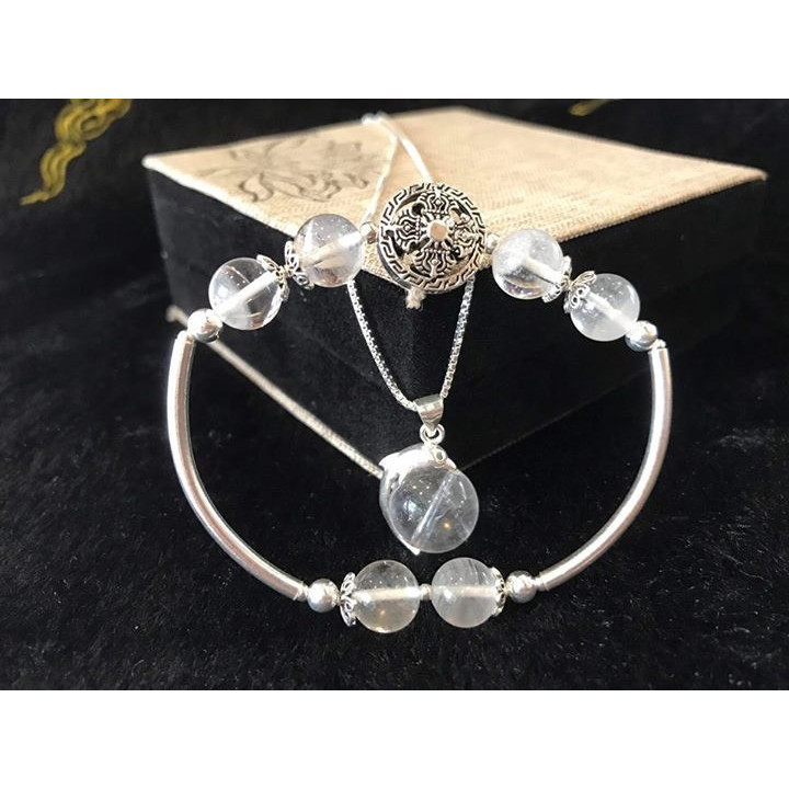 Bộ sản phẩm vòng tay và dây chuyền đá Thạch Anh Trắng mix Charm Bạc