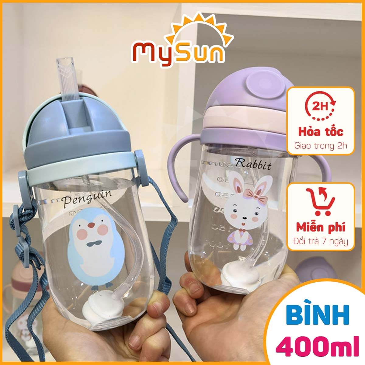 Bình đựng nước nhựa cho bé trai gái 400ml mẫu giáo, cấp 1 lớp 1 2 3 mang đi học  có ống hút tay cầm đẹp xịn MySun